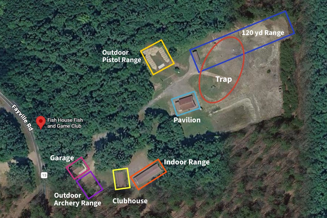 Fish House Fish & Game Club property layout map showing the 120 yd range, outdoor pistol range, trap, pavilion, indoor range, clubhouse, garage, and outdoor archery range